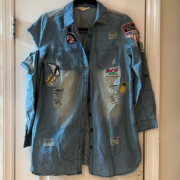 Distressed Denim shirt with multiple appliqué and slits - Picture 1 of 7